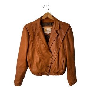 Vintage WB Place & Co Cropped Brown Camel Leather Moto Jacket M